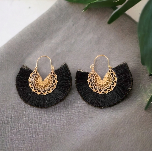 Jewelry | New Bohemian Black Gold Fan Tassle Earrings | Poshmark